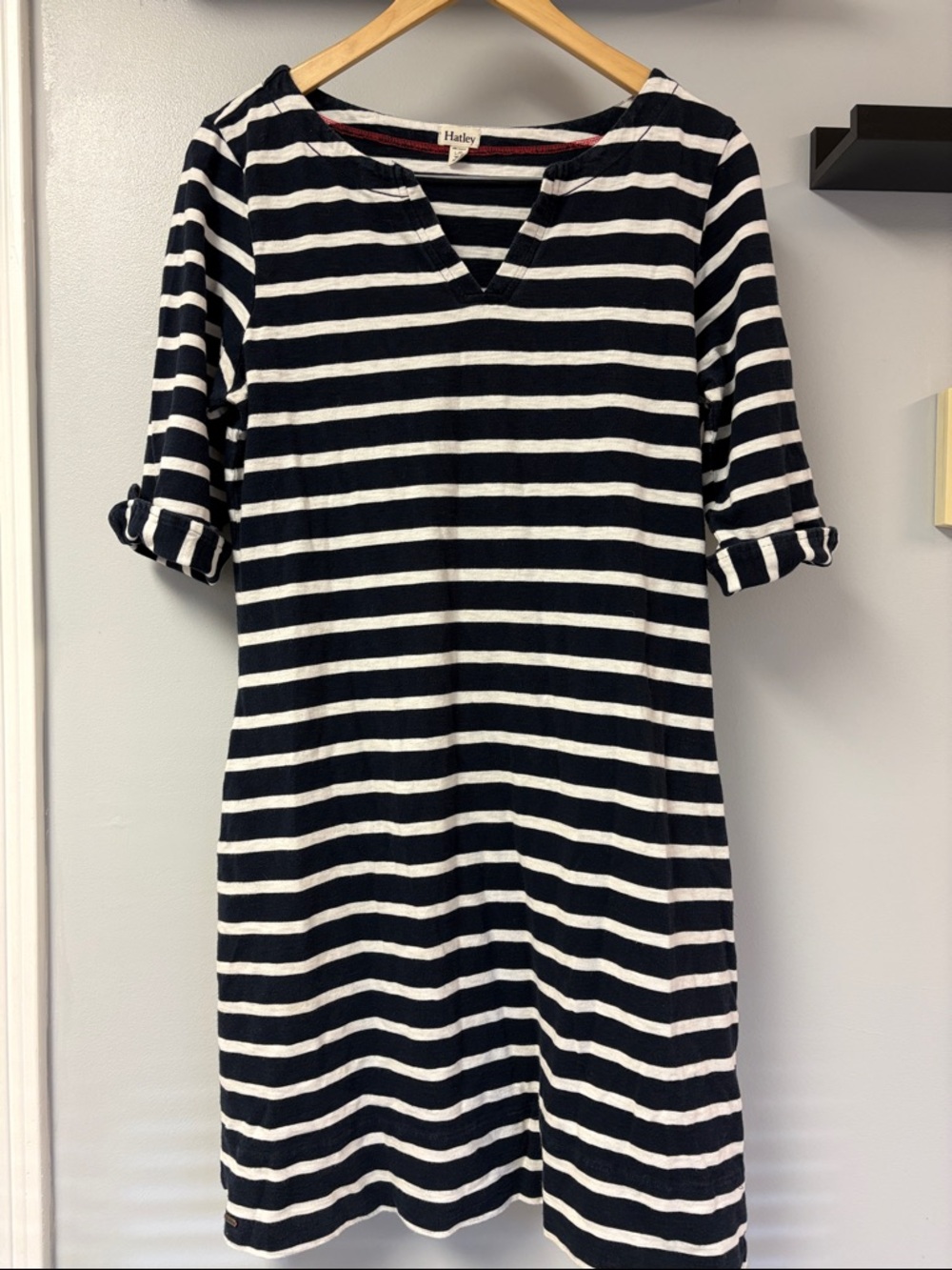 Midi 3/4 Sleeve Striped Nautical V Neck Dress Sz L Hatley